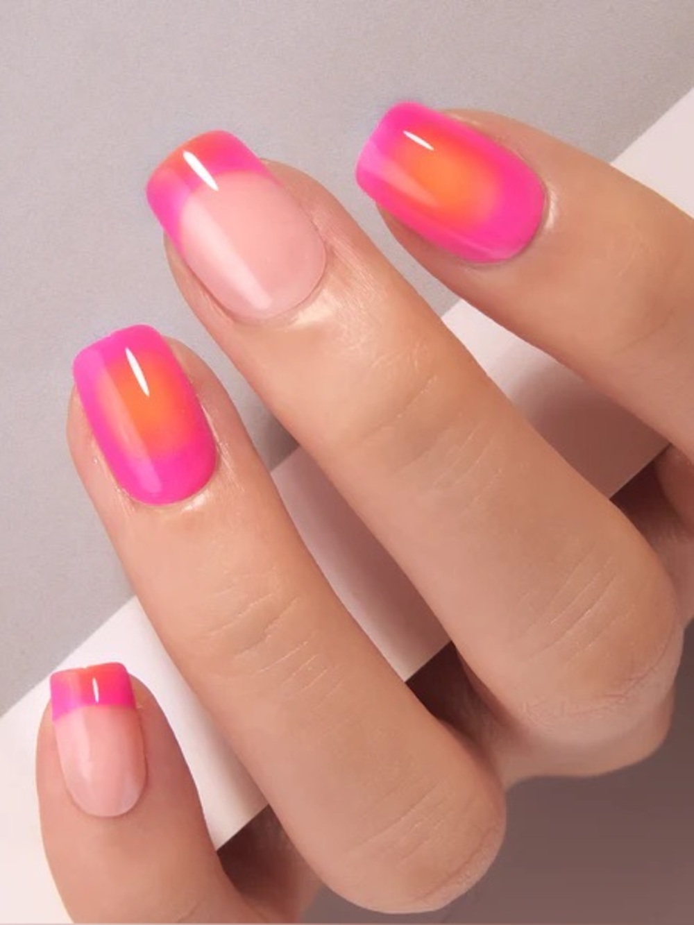 Vibrant Pink-Orange Ombre Press-On Nails - “Neon Sunset” - Short Squoval Square